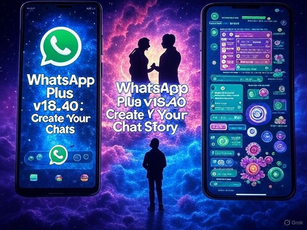 WhatsApp Plus v18.40 illustration with retro and modern phones, neon chat, Indian rangoli, Brazilian carnival motifs.